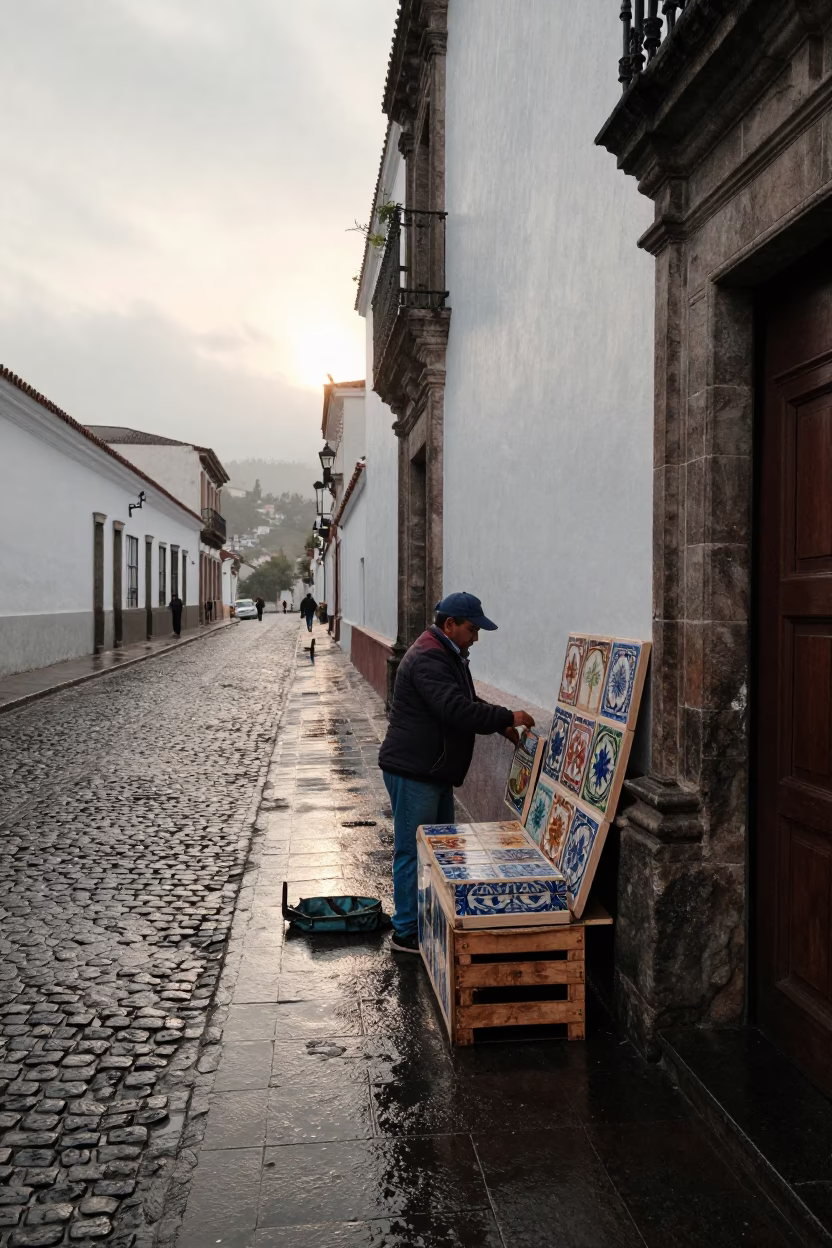 Quito Ecuador street corner wet pavement morning light after rain in in Quito, Ecuador