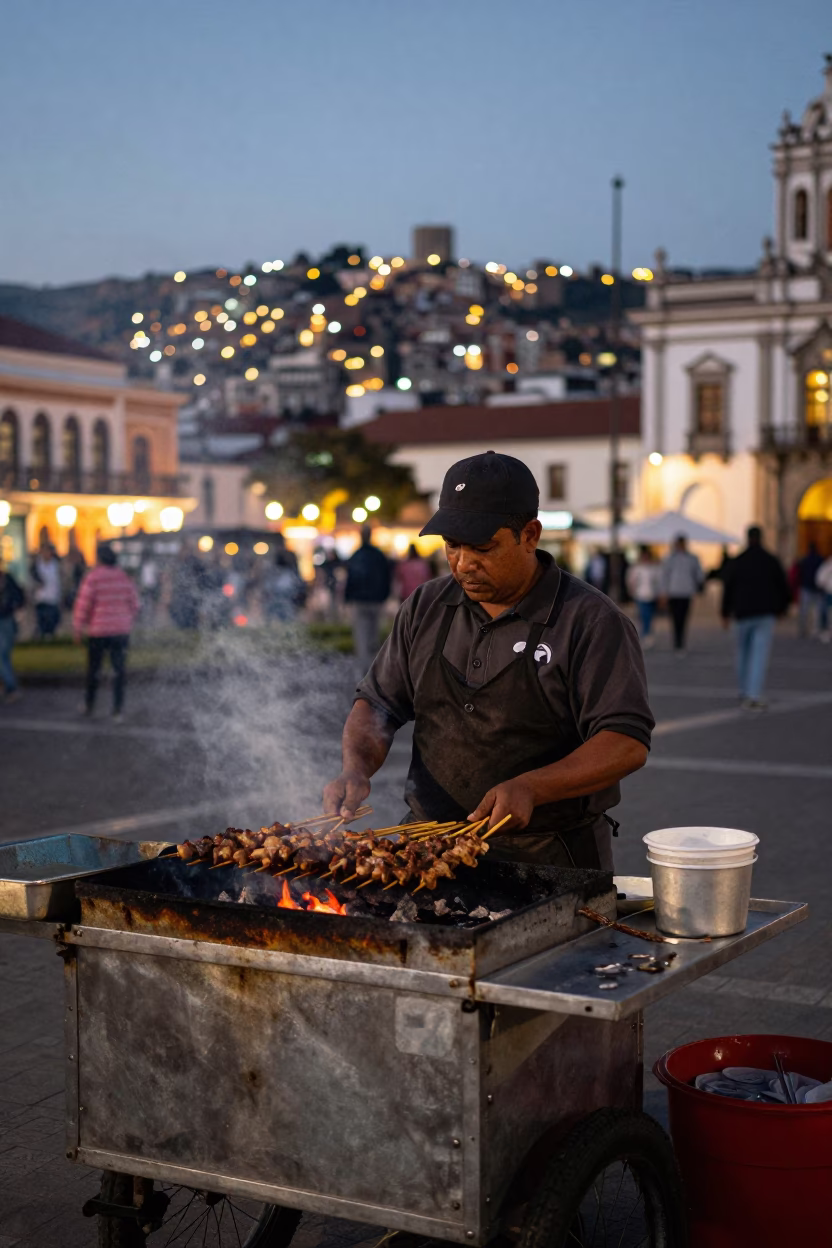 Quito Ecuador street food vendor grilling kebabs under evening city lights in in Quito, Ecuador