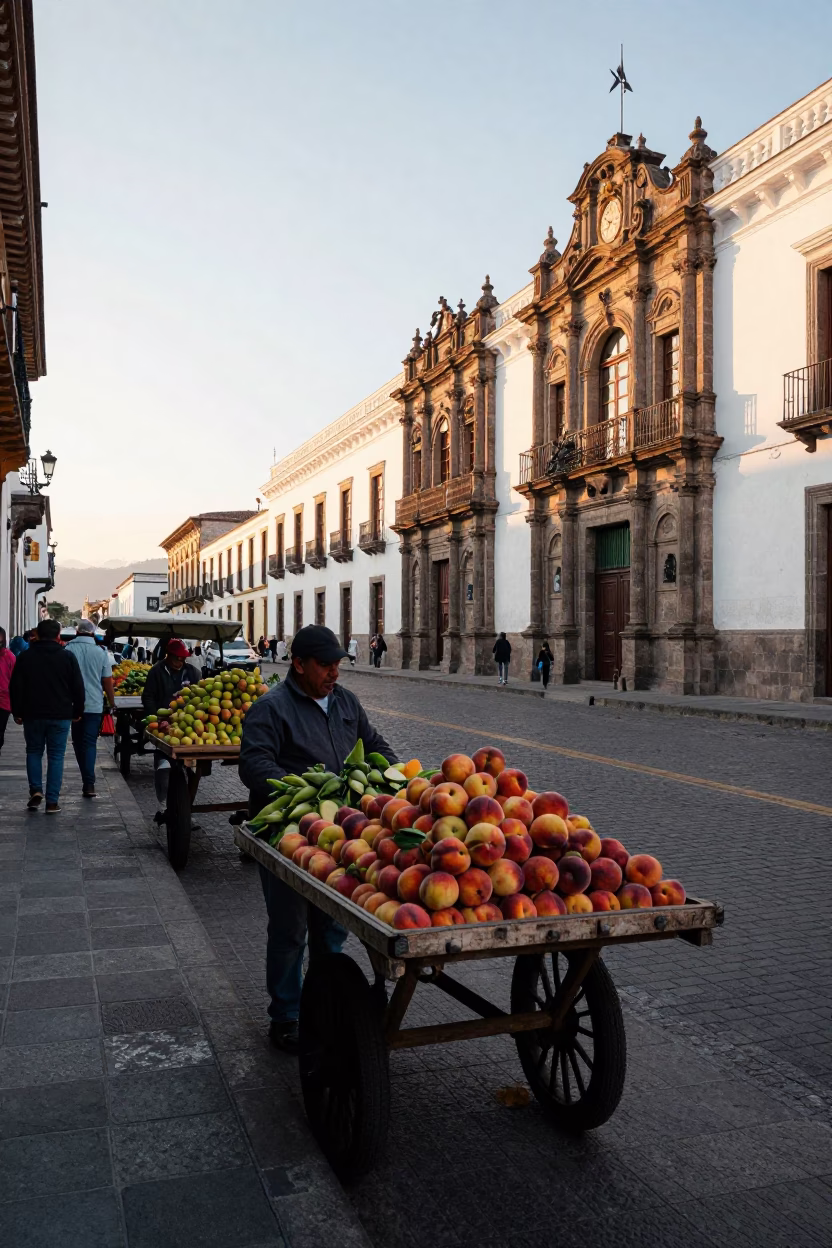 Quito Ecuador Street Scene After Sunrise With Local Fruit Vendor And Busy Market Life in in Quito, Ecuador