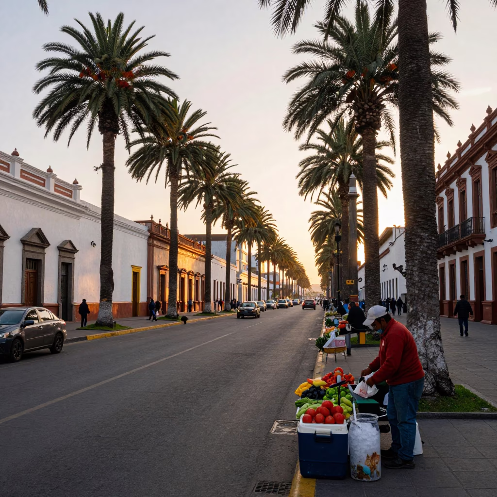 Quito Ecuador Street Scene After Sunrise With Palm Tree Avenue And Local Commerce in in Quito, Ecuador