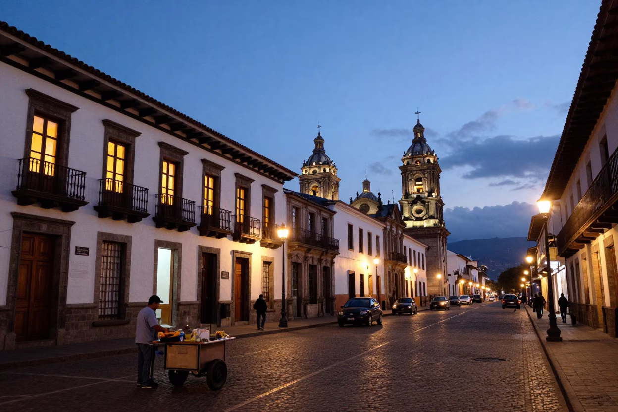Quito Ecuador street scene at dusk with colonial architecture and city lights in in Quito, Ecuador