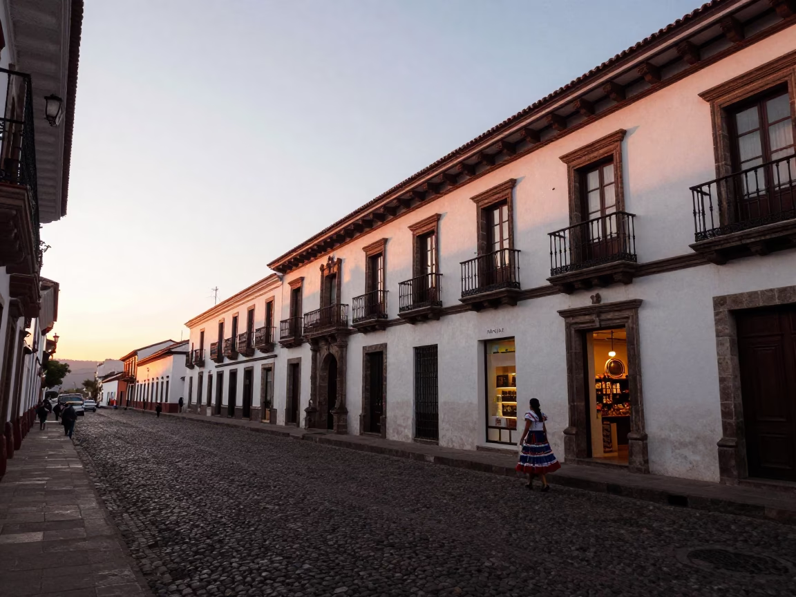 Quito Ecuador street scene at dusk with colonial architecture and evening activity in in Quito, Ecuador