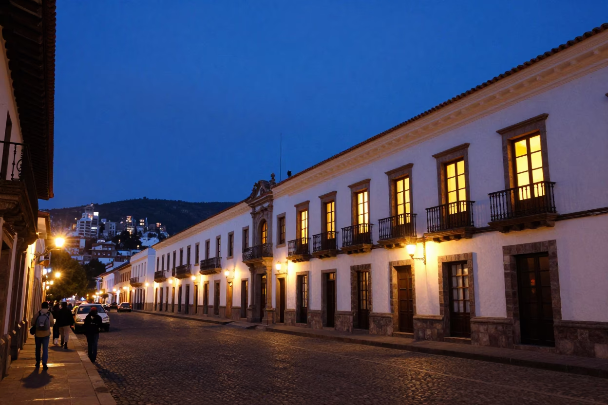 Quito Ecuador street scene at dusk with colonial architecture and glowing city lights in in Quito, Ecuador
