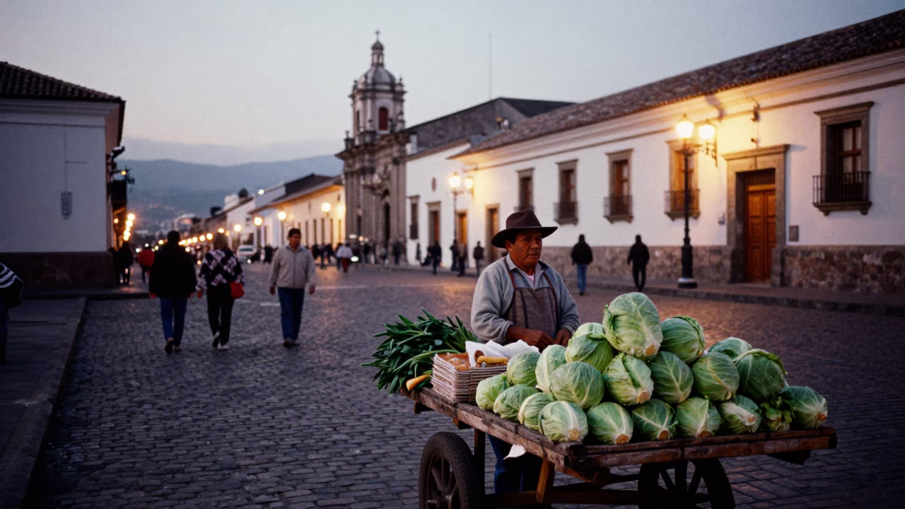 Quito Ecuador Street Scene at Dusk with Traditional Market Goods and Colonial Architecture in in Quito, Ecuador