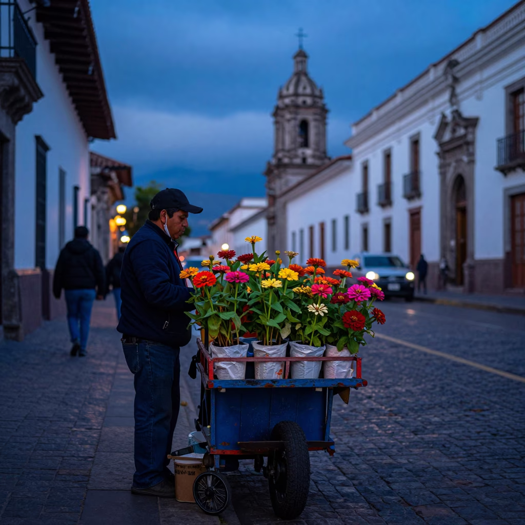 Quito Ecuador Street Scene at Indigo Twilight with Zinnias and Colonial Architecture in in Quito, Ecuador