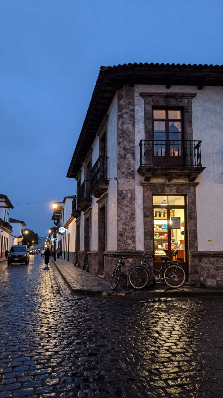 Quito Ecuador Street Scene at Nautical Dawn with Bicycle and Bakery in in Quito, Ecuador