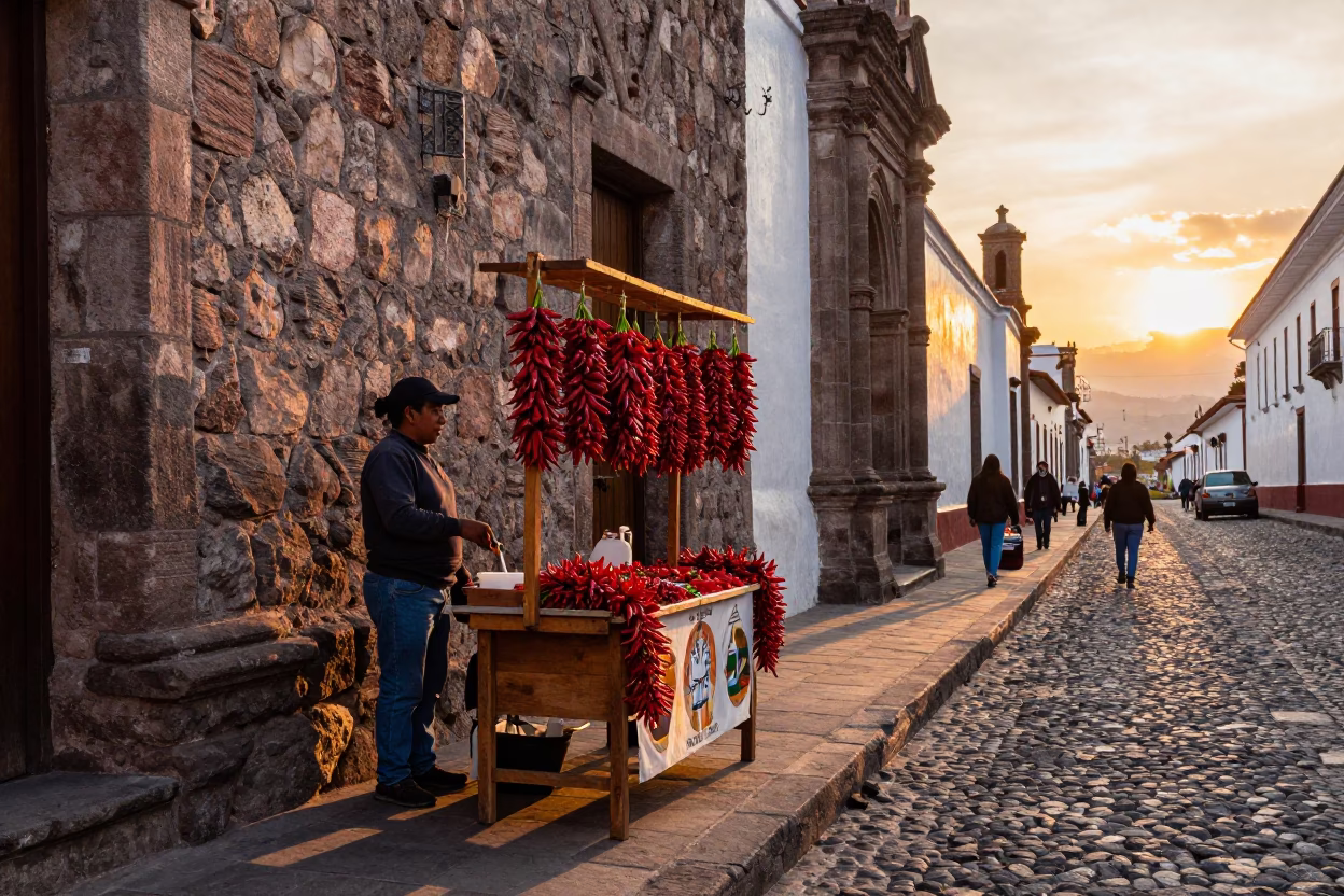 Quito Ecuador Street Scene at Sunset with Heliconia and Chili Peppers in in Quito, Ecuador