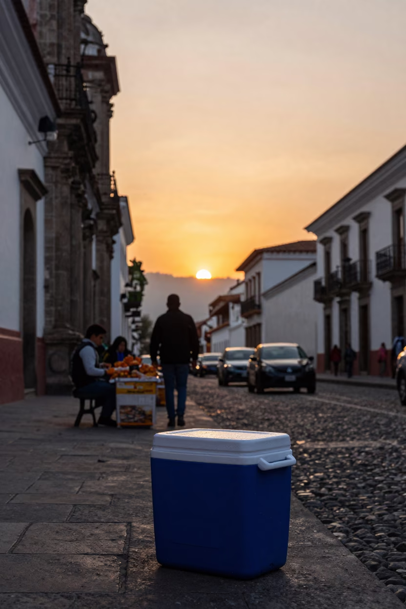 Quito Ecuador Street Scene at Sunset with Local Food and Cooler in in Quito, Ecuador