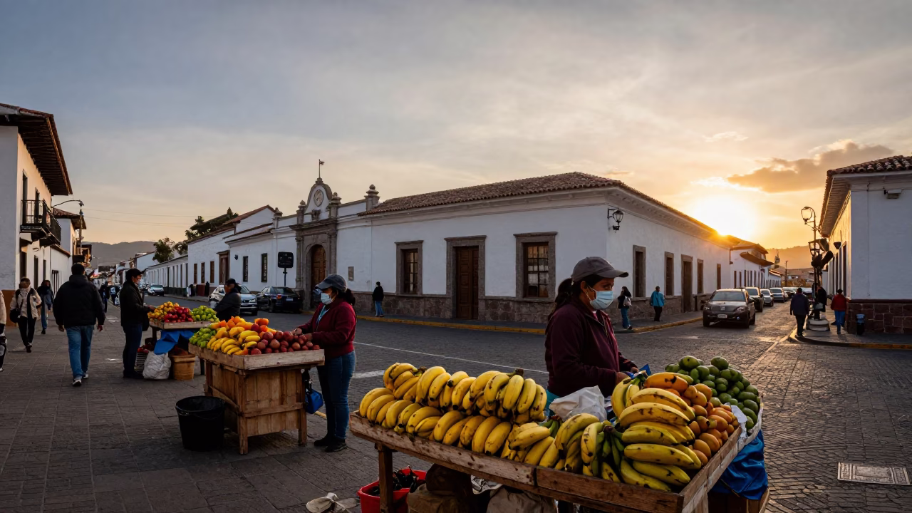 Quito Ecuador street scene at sunset with local vendors and colonial architecture in in Quito, Ecuador