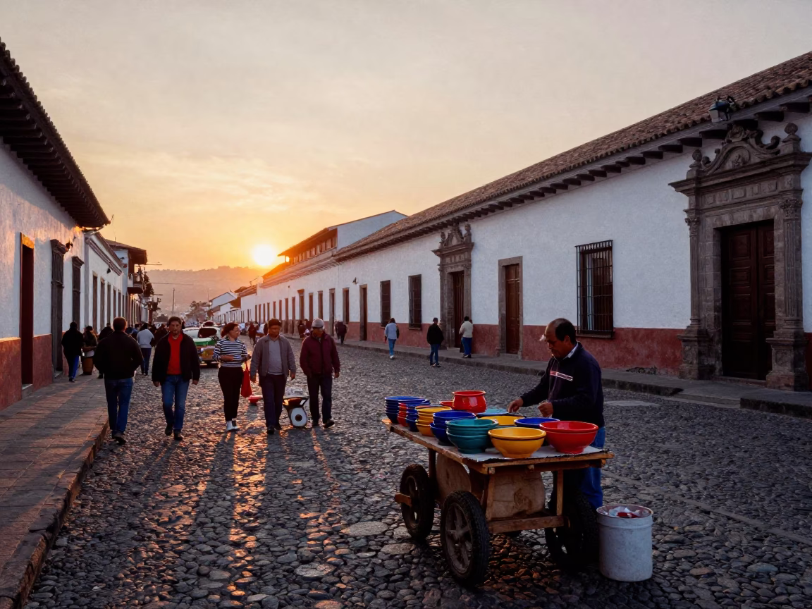 Quito Ecuador Street Scene at Sunset with Local Vendors and Pedestrians in in Quito, Ecuador