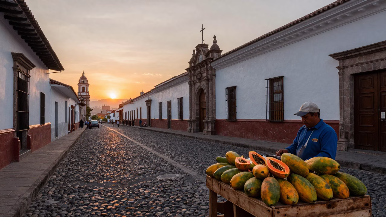Quito Ecuador street scene at sunset with papayas and traditional soup bowls in in Quito, Ecuador