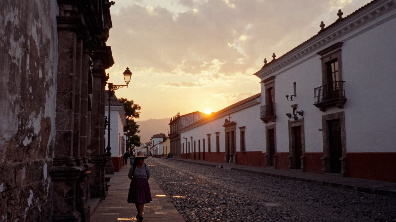 Quito Ecuador Street Scene at Sunset with Traditional Hat and Daily Life in in Quito, Ecuador