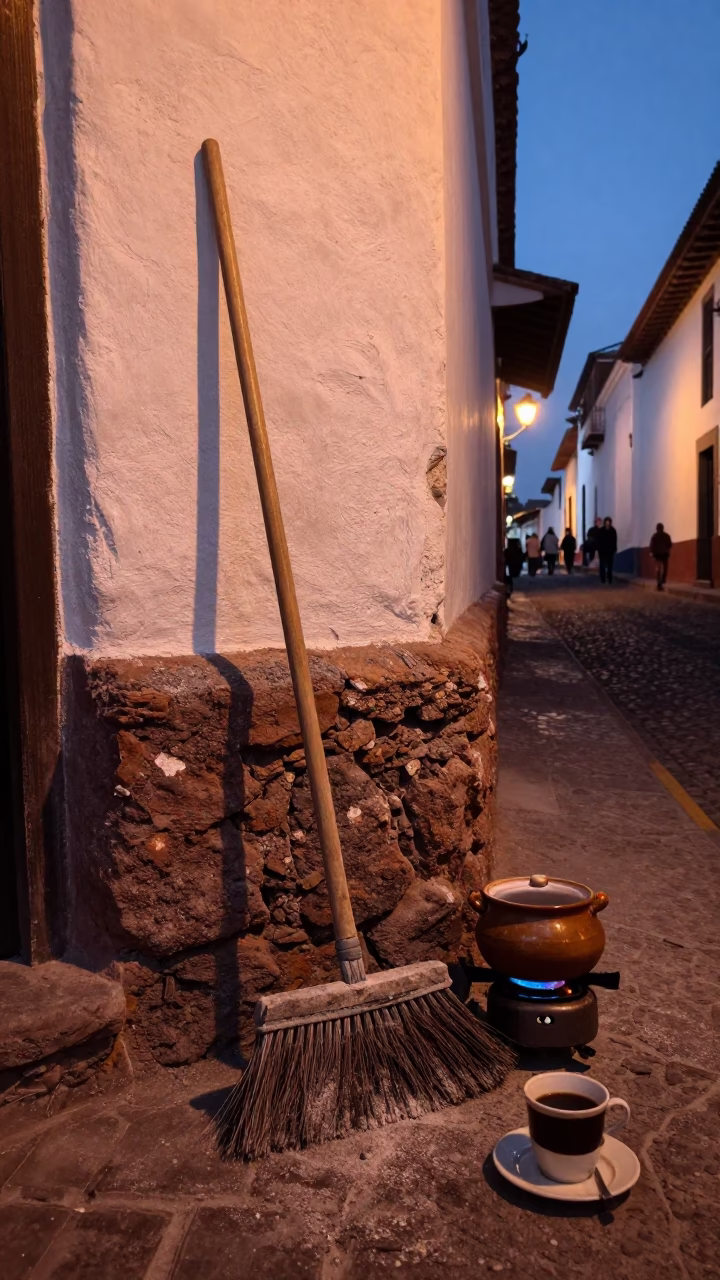 Quito Ecuador Street Scene Before Dusk With Broom And Coffee Brewing In Copper Light in in Quito, Ecuador