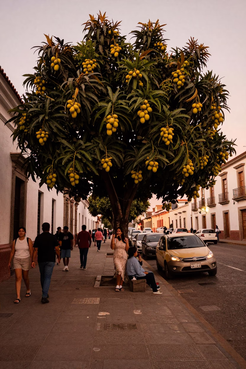 Quito Ecuador street scene before dusk with mango tree and local vendors in in Quito, Ecuador