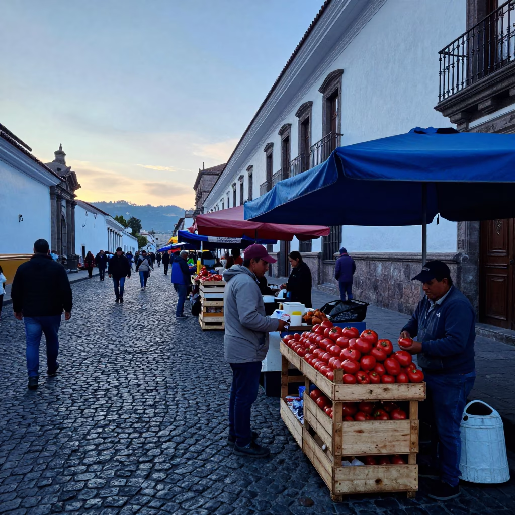 Quito Ecuador Street Scene Before Sunrise with Local Market Activity in in Quito, Ecuador