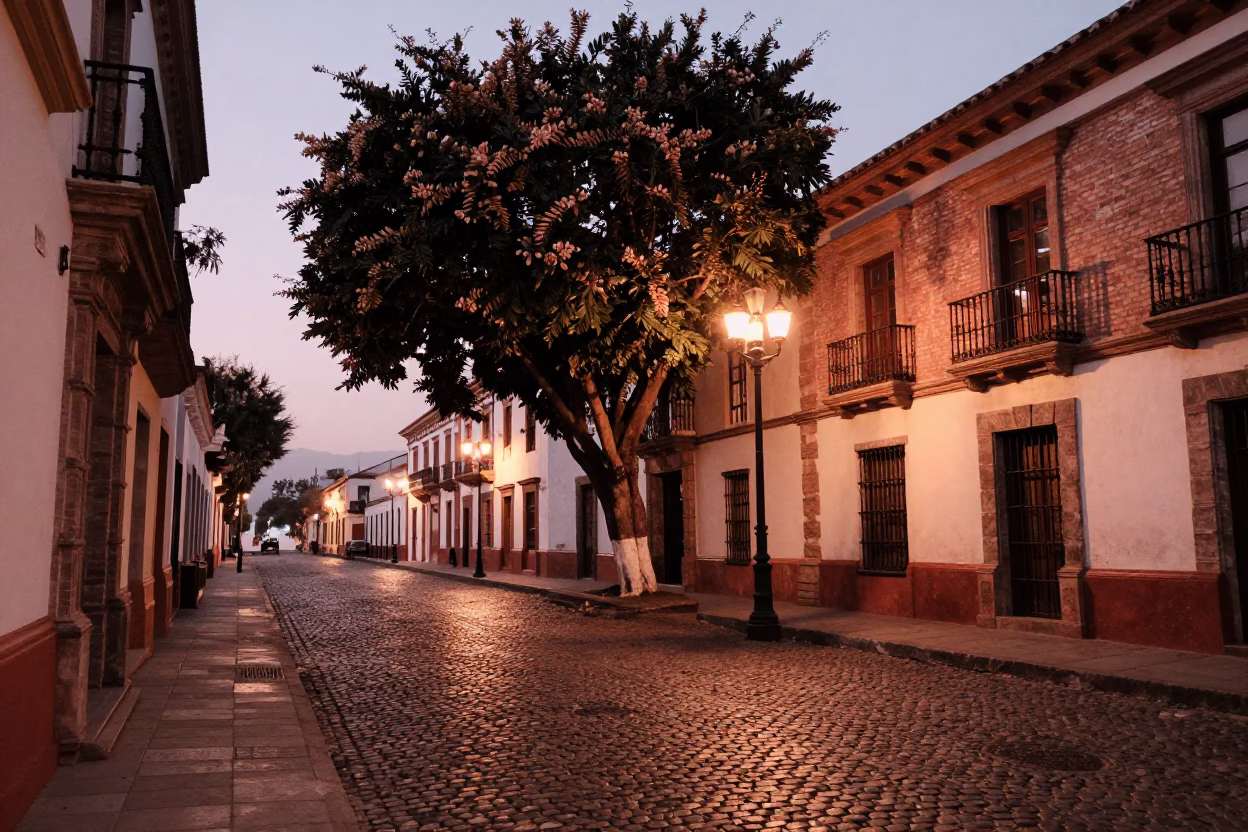 Quito Ecuador Street Scene Copper Light Before Dusk Tamarind Tree Pod in in Quito, Ecuador