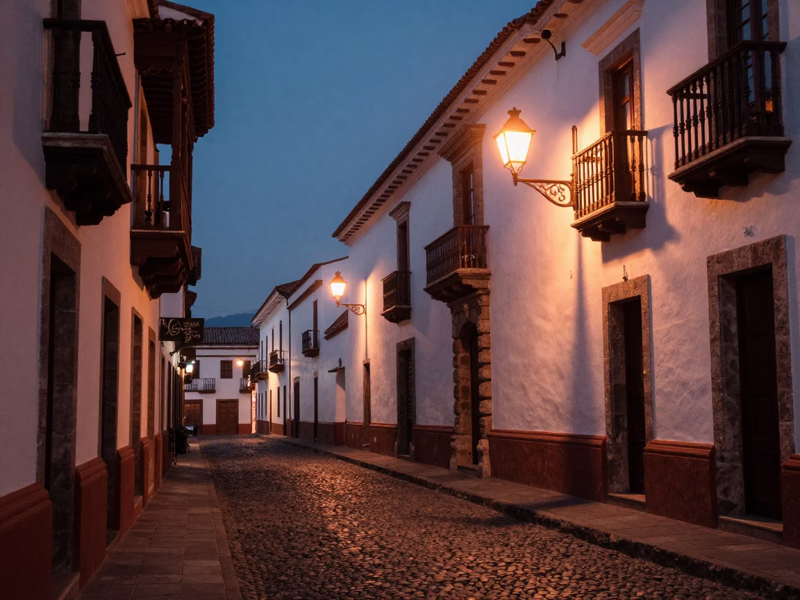 Quito Ecuador Street Scene Copper Light Before Dusk with Indigo Fabric in in Quito, Ecuador