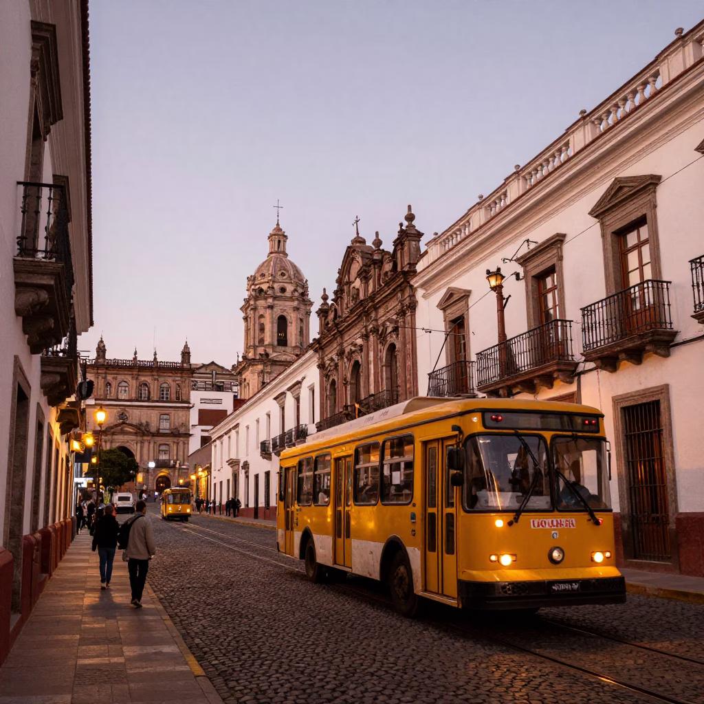 Quito Ecuador Street Scene Copper Light Tram and Colonial Architecture in in Quito, Ecuador