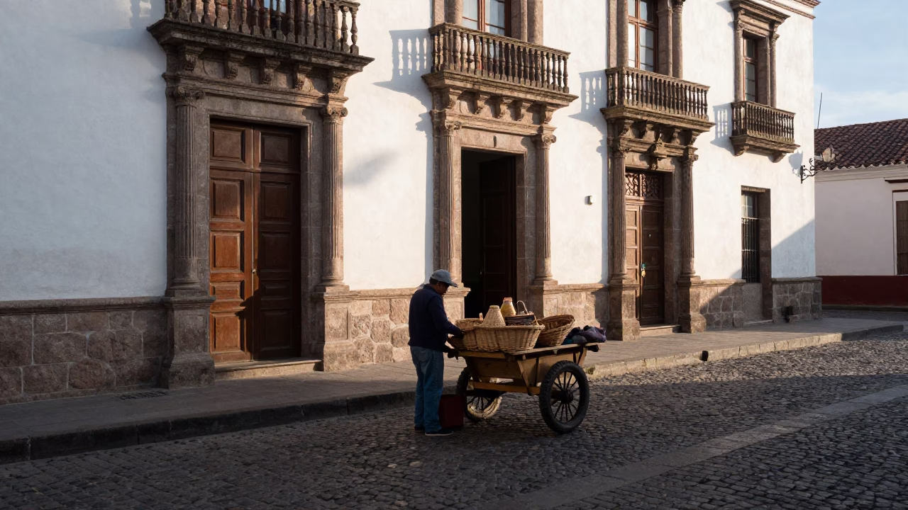 Quito Ecuador Street Scene First Light Market Vendor with Wicker Basket in in Quito, Ecuador