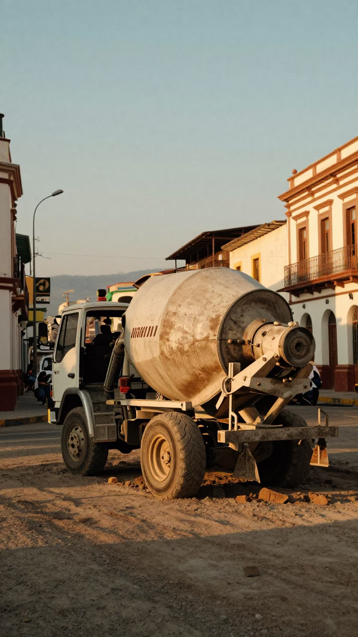 Quito Ecuador Street Scene Golden Hour Cement Mixer Construction Site Local Life in in Quito, Ecuador