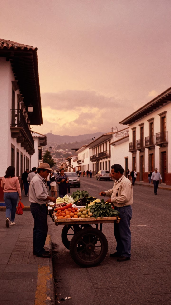 Quito Ecuador street scene in copper dusk light with local vendor and traditional basket in in Quito, Ecuador