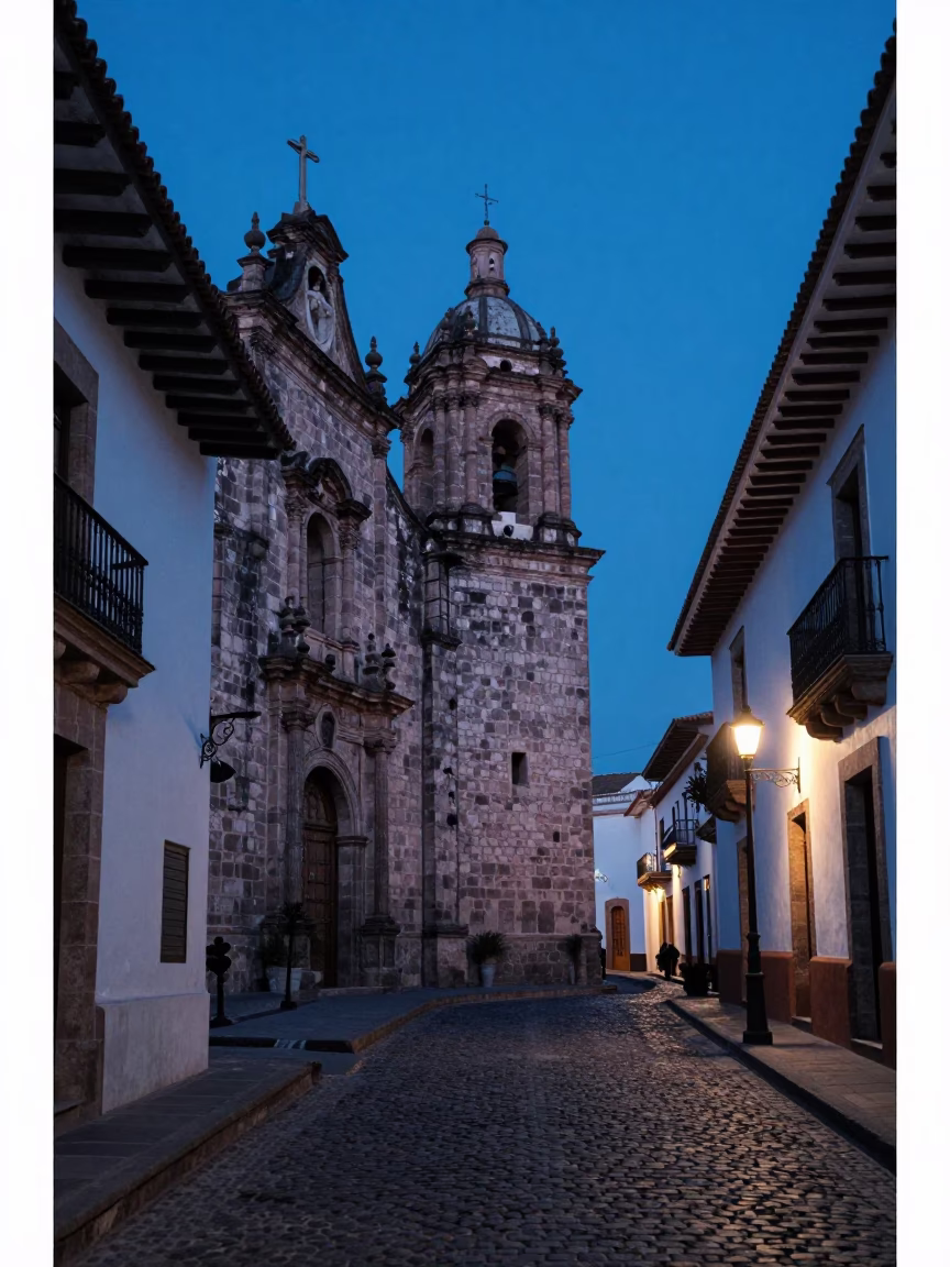Quito Ecuador Street Scene Indigo Twilight Colonial Architecture and Local Life in in Quito, Ecuador