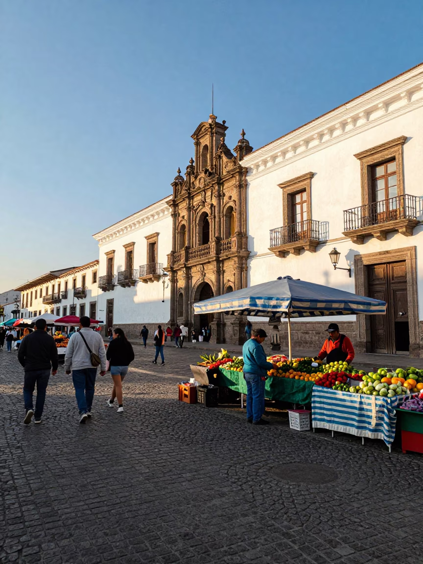 Quito Ecuador Street Scene Late Afternoon Light Local Market Activity in in Quito, Ecuador