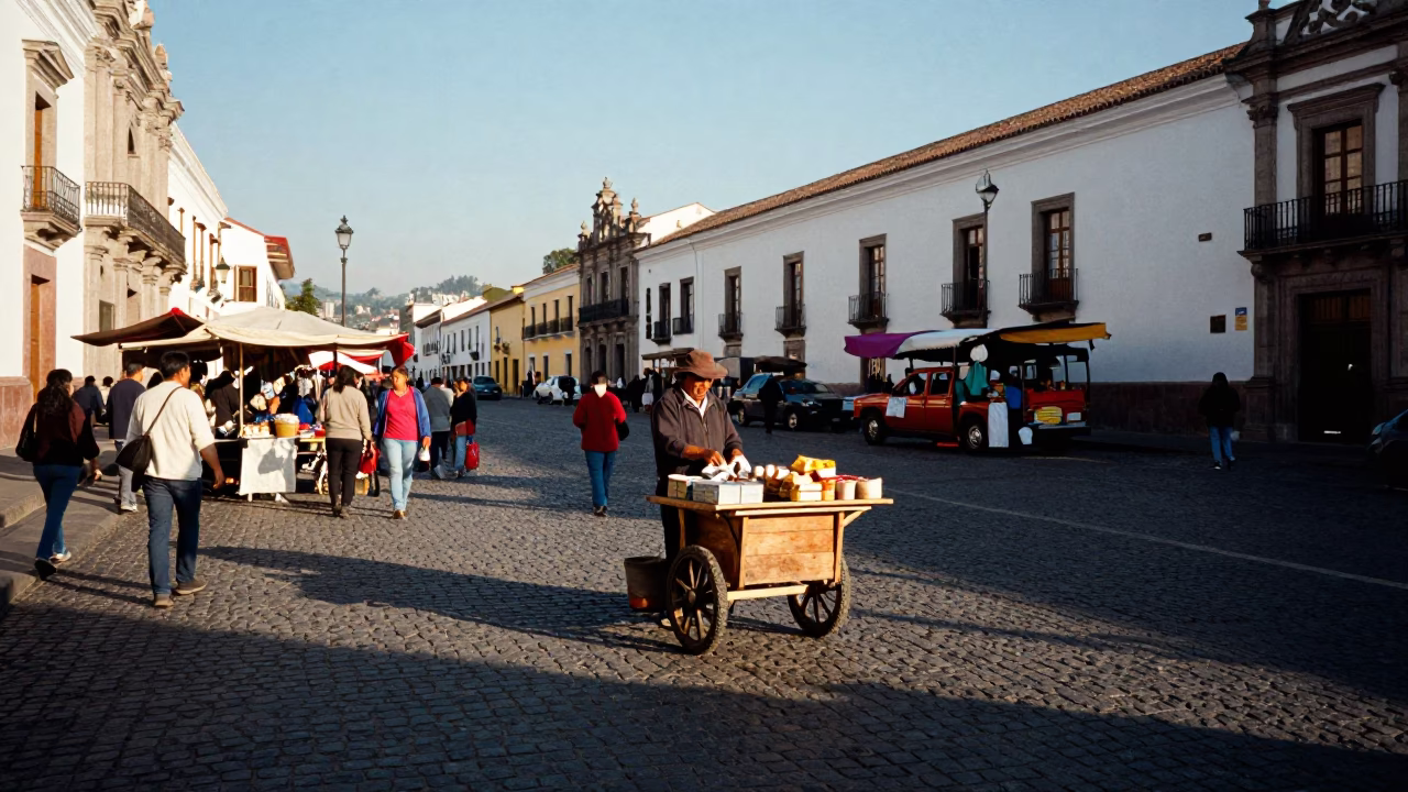 Quito Ecuador Street Scene Late Afternoon Light with Local Market Vendor and Pedestrians in in Quito, Ecuador