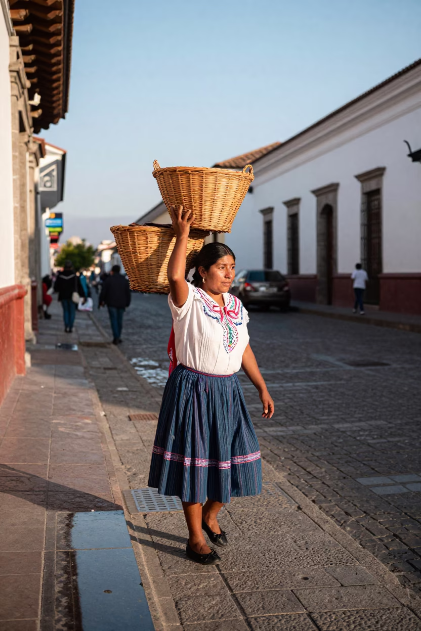 Quito Ecuador Street Scene Late Afternoon Light with Wicker Basket and Tree Shadow in in Quito, Ecuador
