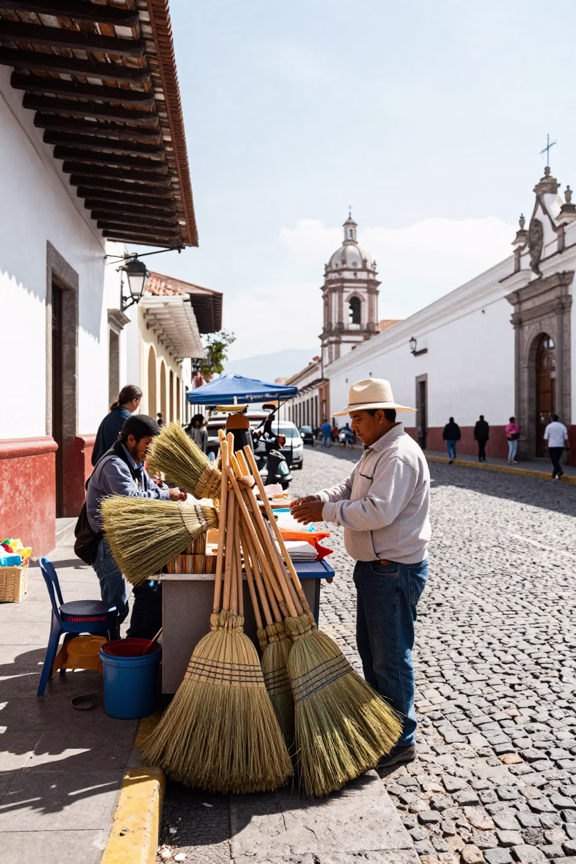 Quito Ecuador Street Scene Midmorning Light with Local Vendor and Traditional Brooms in in Quito, Ecuador