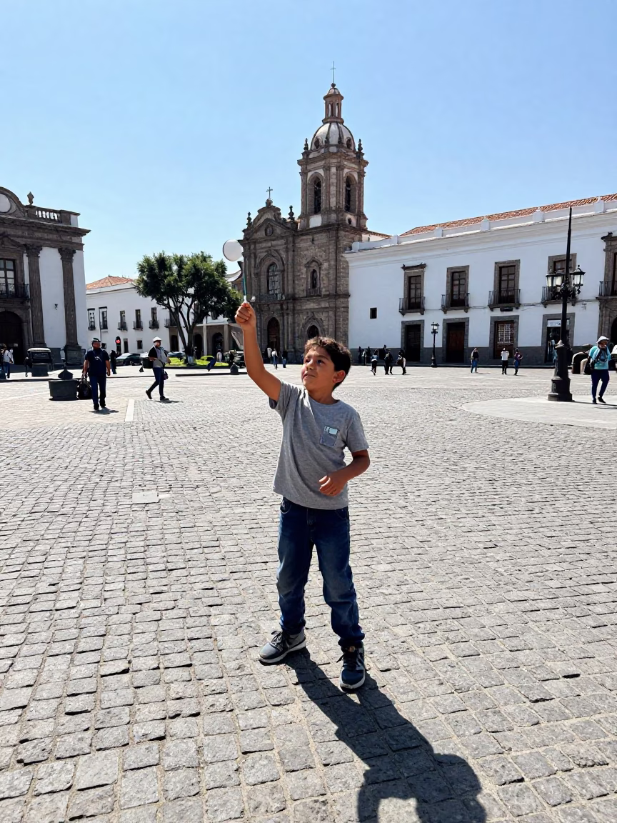 Quito Ecuador Street Scene Noon Light Child Playing with Yo-Yo Near Colonial Architecture in in Quito, Ecuador