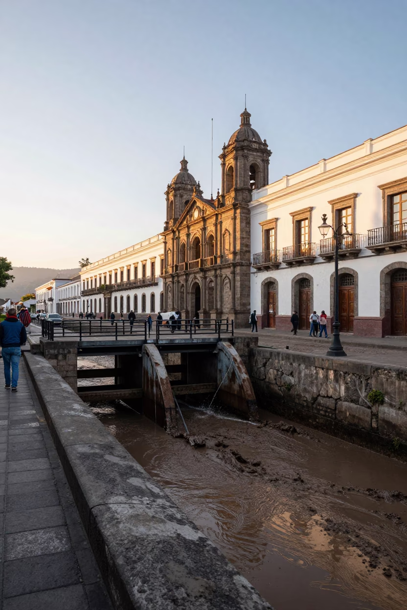Quito Ecuador Street Scene Sunrise with Sluice Gate and Muddy Canal Edge in in Quito, Ecuador