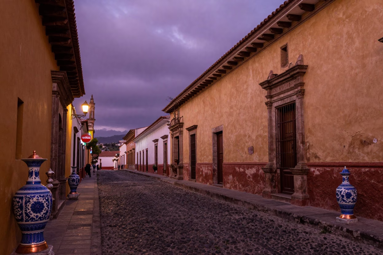 Quito Ecuador Street Scene with Blue White Porcelain in Copper Dusk Light in in Quito, Ecuador
