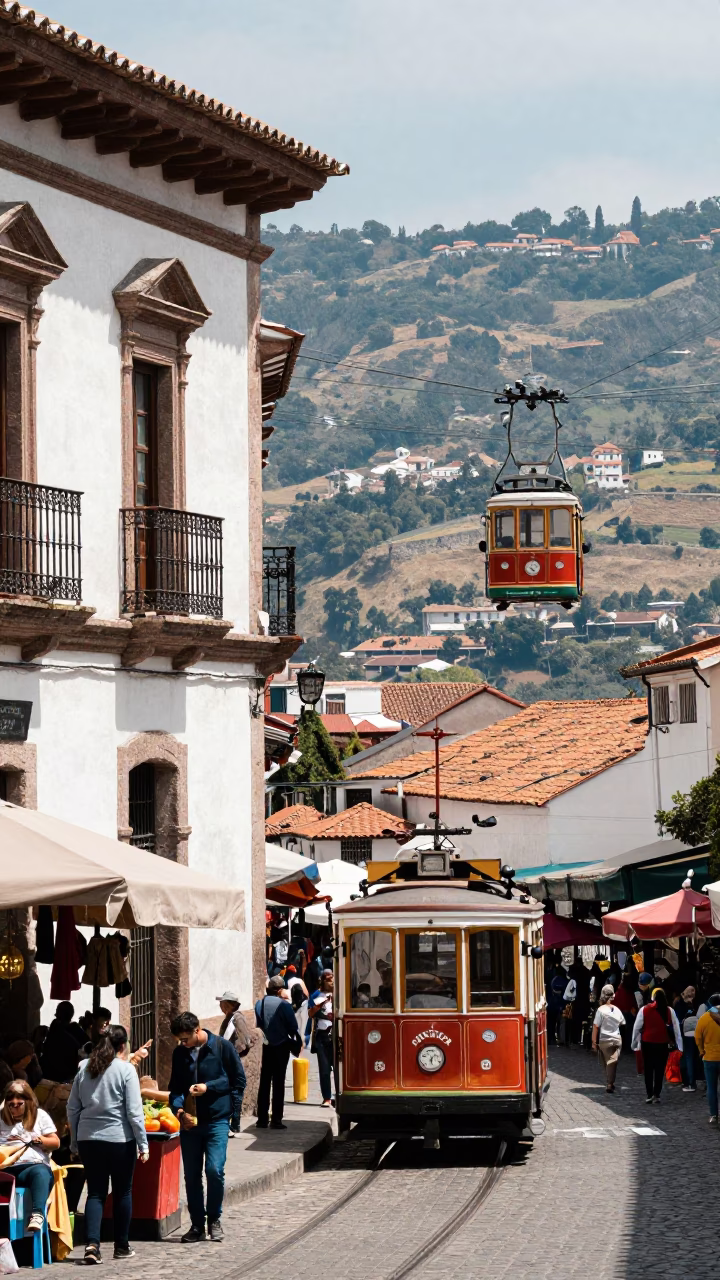 Quito Ecuador Street Scene With Cable Car And Traditional Market Goods in in Quito, Ecuador