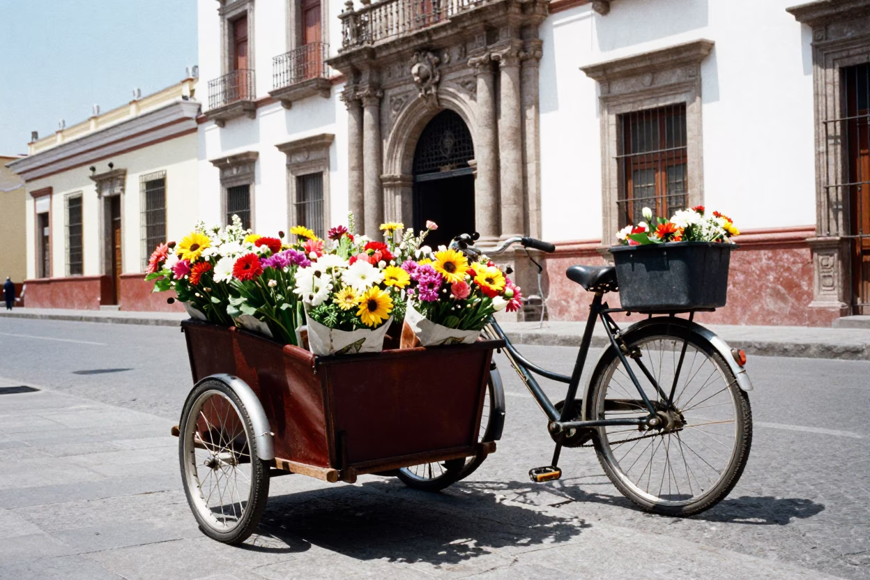 Quito Ecuador Street Scene with Cargo Bicycle and Cut Flowers in Bright Midmorning Light in in Quito, Ecuador