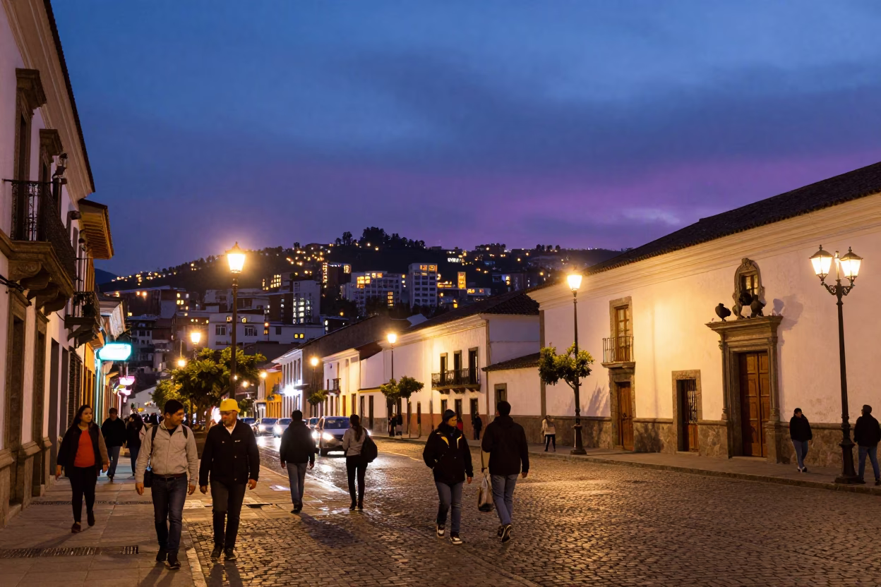 Quito Ecuador street scene with city lights glowing at dusk near colonial plaza in in Quito, Ecuador