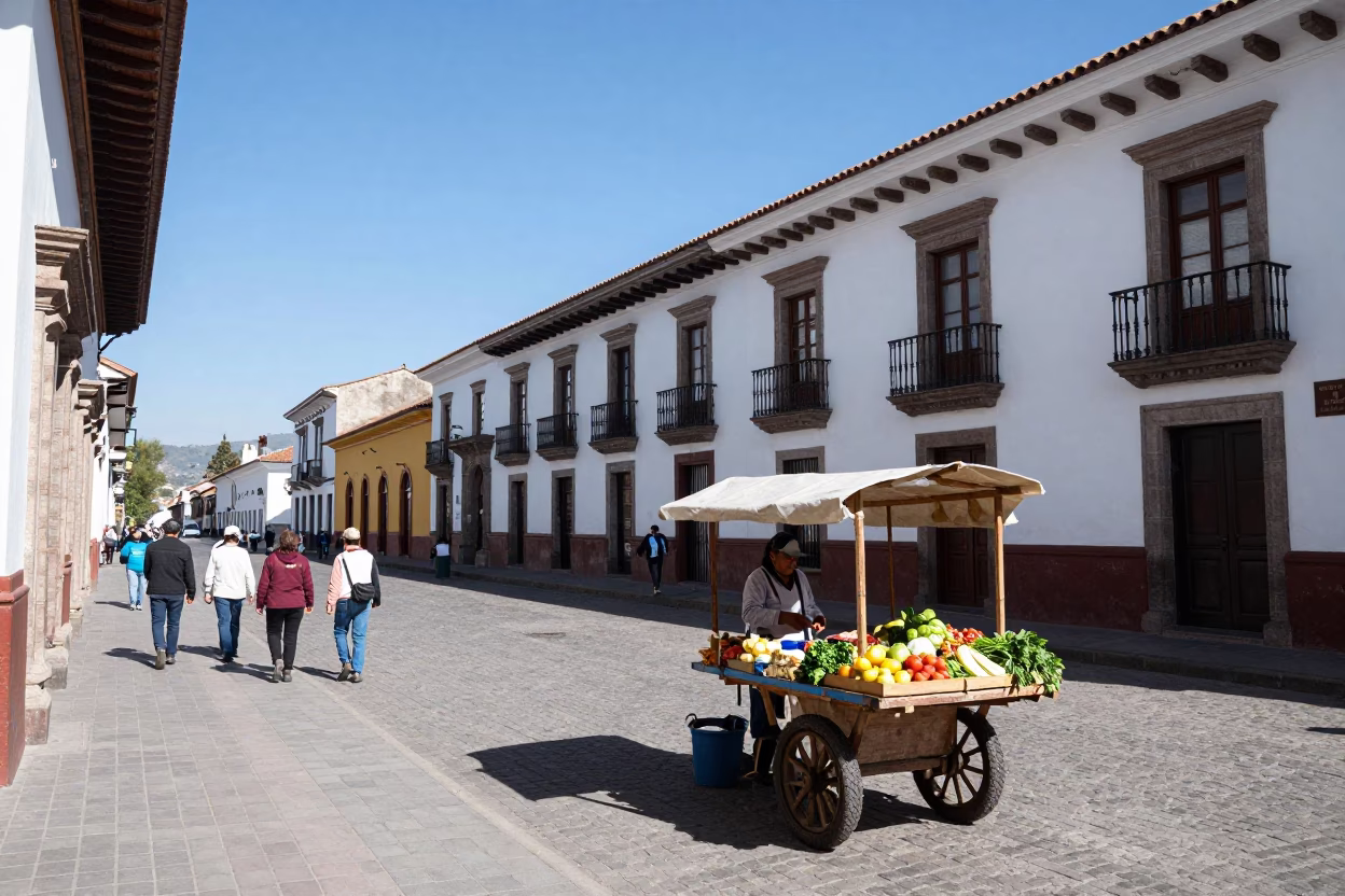 Quito Ecuador Street Scene with Colonial Architecture and Local Market Activity in in Quito, Ecuador