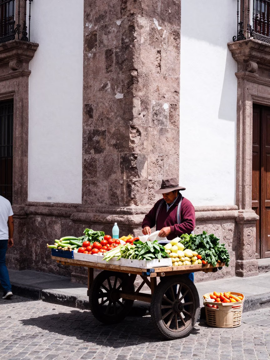 Quito Ecuador Street Scene with Local Shopkeeper and Traditional Goods in Bright Midmorning Light in in Quito, Ecuador