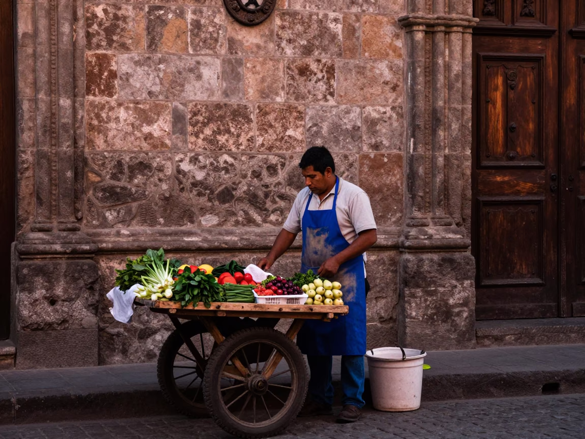 Quito Ecuador Street Scene with Local Vendor and Apron in Dusk Light in in Quito, Ecuador