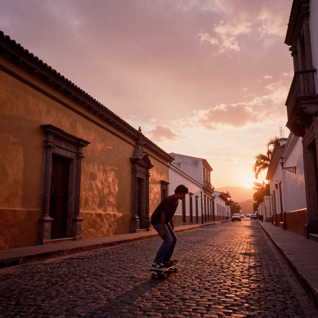 Quito Ecuador Street Scene with Skateboarder in Copper Dusk Light in in Quito, Ecuador