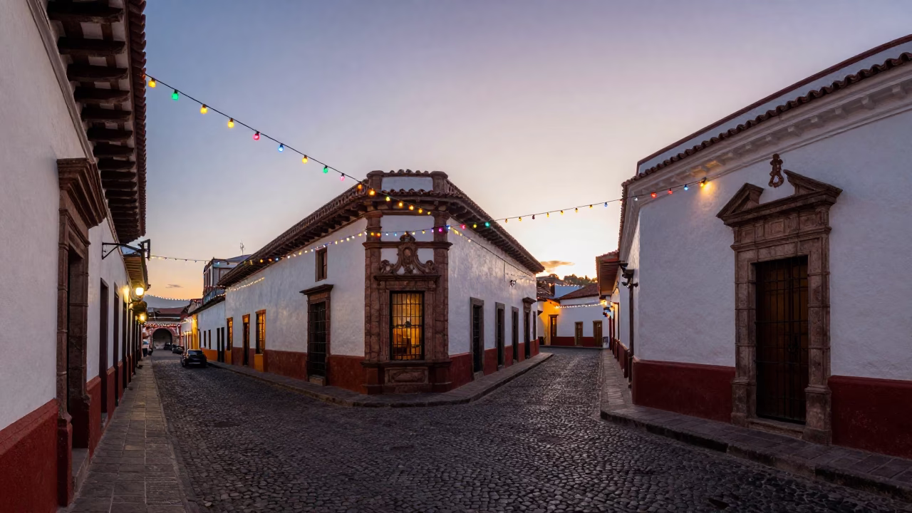 Quito Ecuador street scene with string lights and colonial architecture at sunset in in Quito, Ecuador