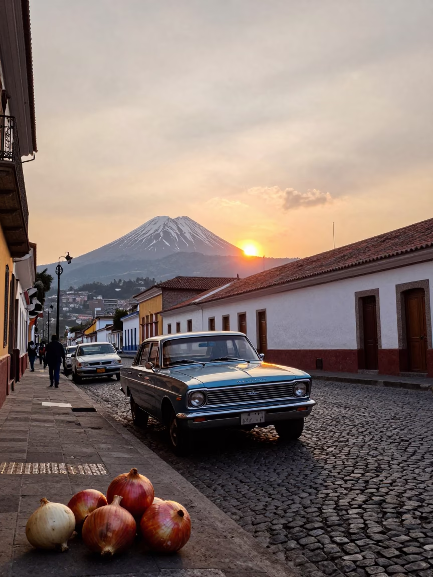 Quito Ecuador street scene with vintage car and onions at sunset in in Quito, Ecuador
