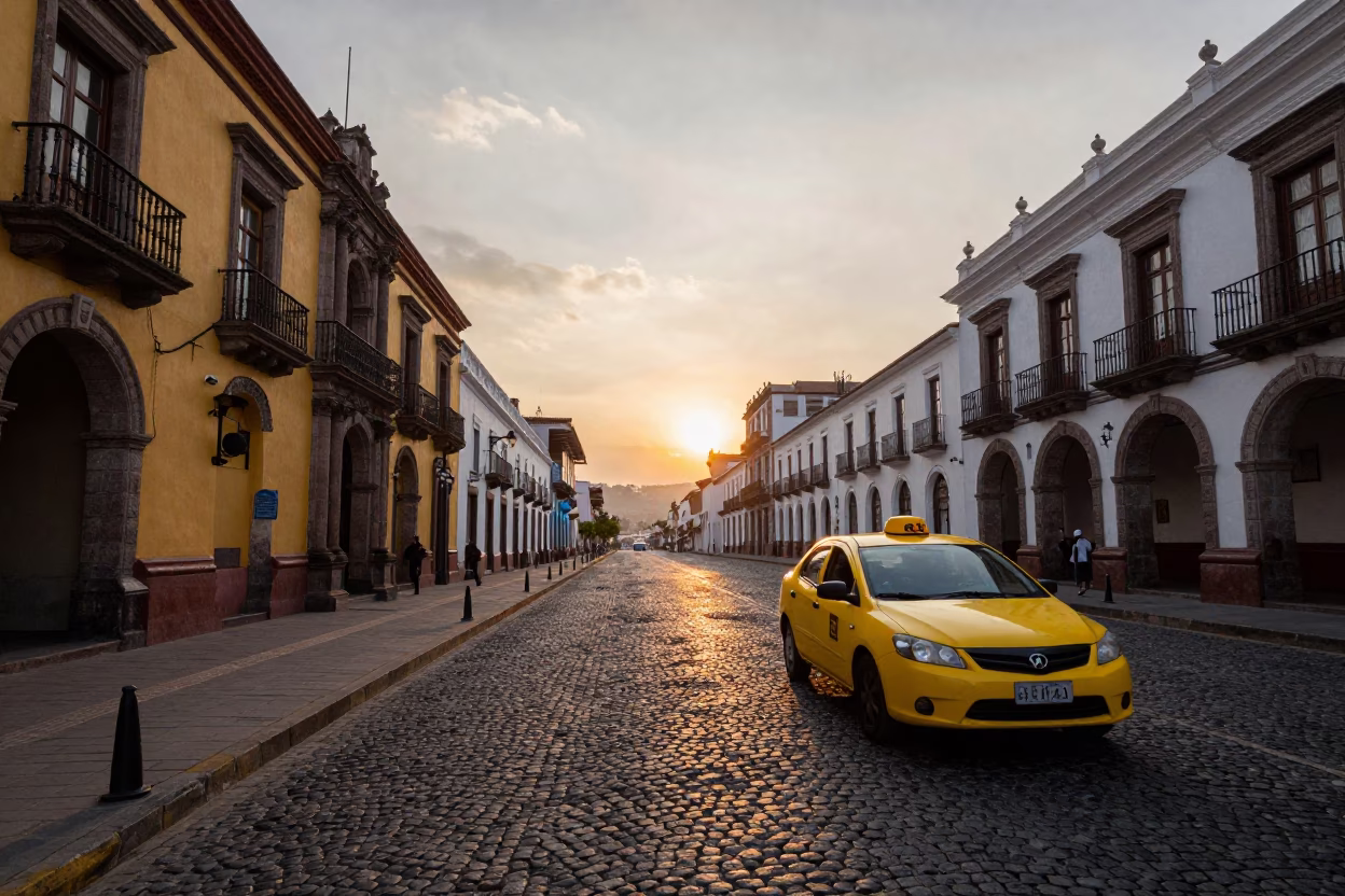Quito Ecuador Street Scene with Yellow Taxi and Colonial Architecture at Sunset in in Quito, Ecuador