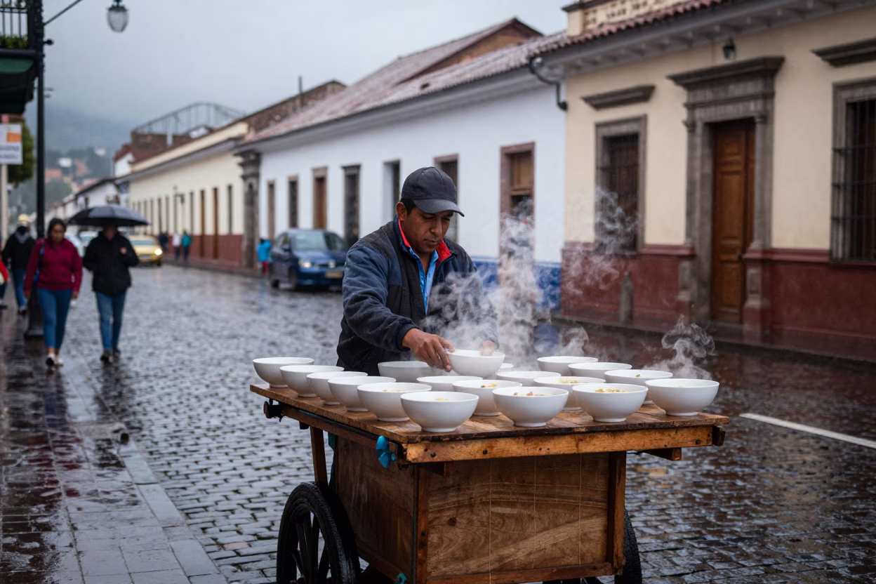 Quito Ecuador street vendor first light after rain with soup bowls in in Quito, Ecuador