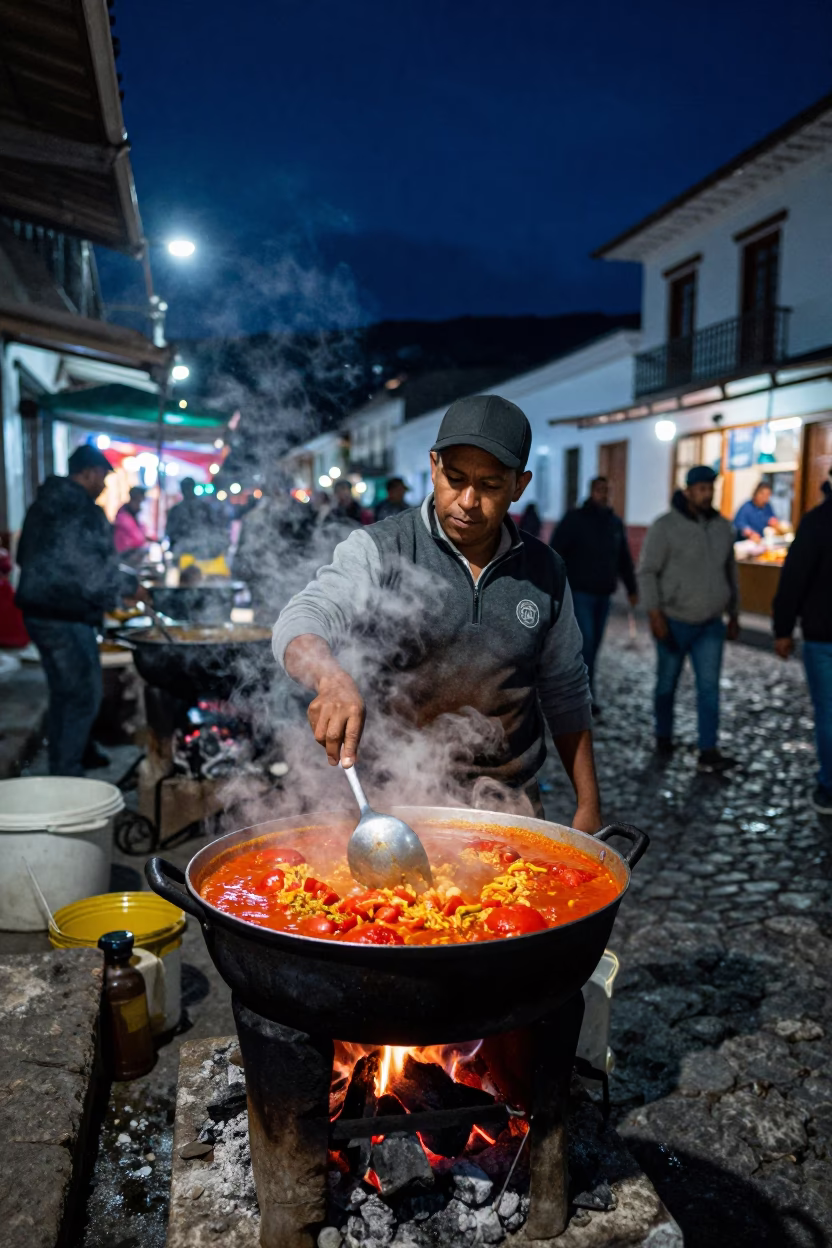 Quito Ecuador street vendor night market cooking with charcoal stove under starry sky in in Quito, Ecuador