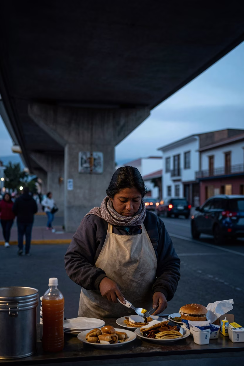Quito Ecuador street vendor preparing breakfast under concrete viaduct predawn light in in Quito, Ecuador
