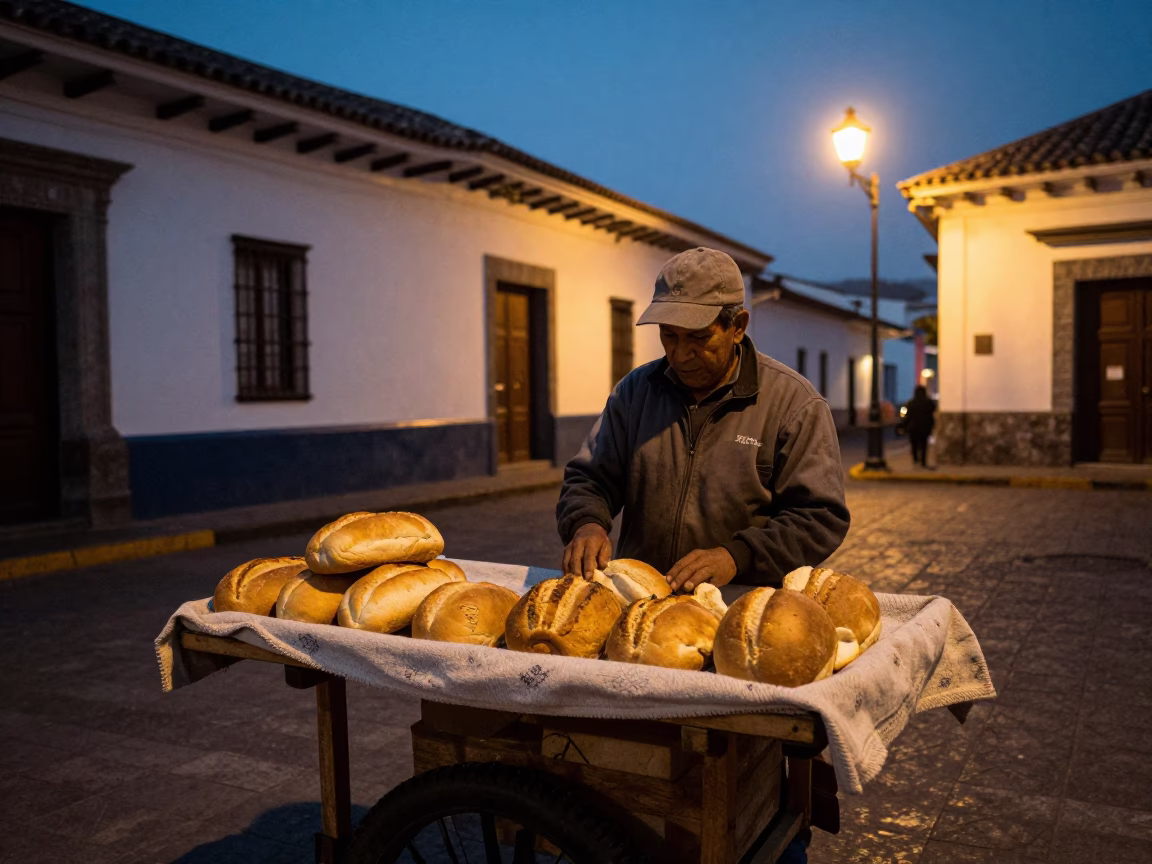 Quito Ecuador street vendor selling fresh bread loaves in predawn darkness in in Quito, Ecuador