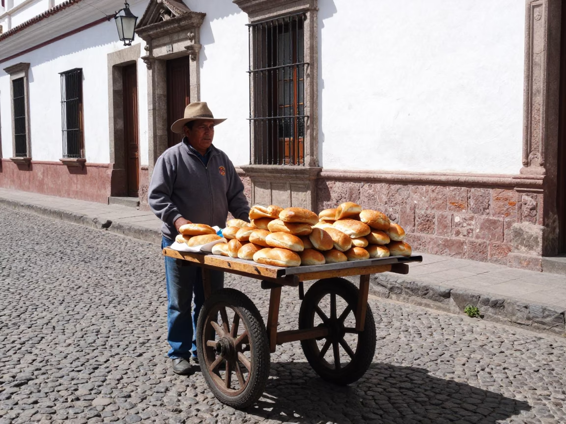 Quito Ecuador street vendor selling traditional bread near historic colonial plaza midmorning in in Quito, Ecuador