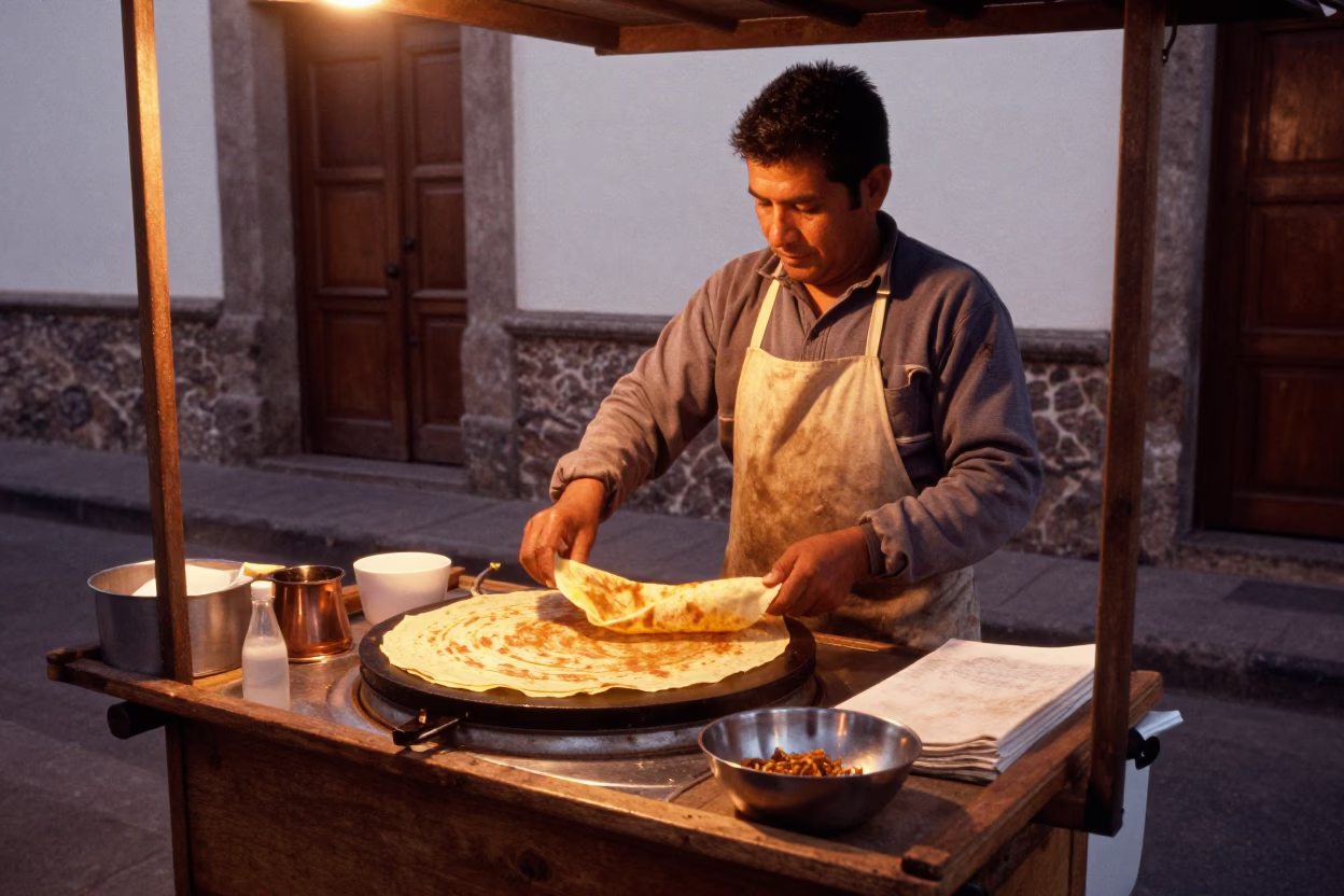 Quito Ecuador street vendor serving jianbing crepe in copper dusk light in in Quito, Ecuador