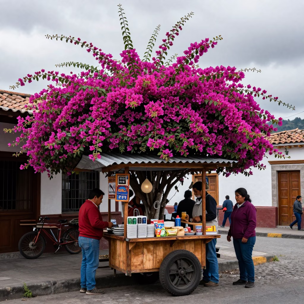 Quito Ecuador street vendor stall under overcast sky with bougainvillea in in Quito, Ecuador